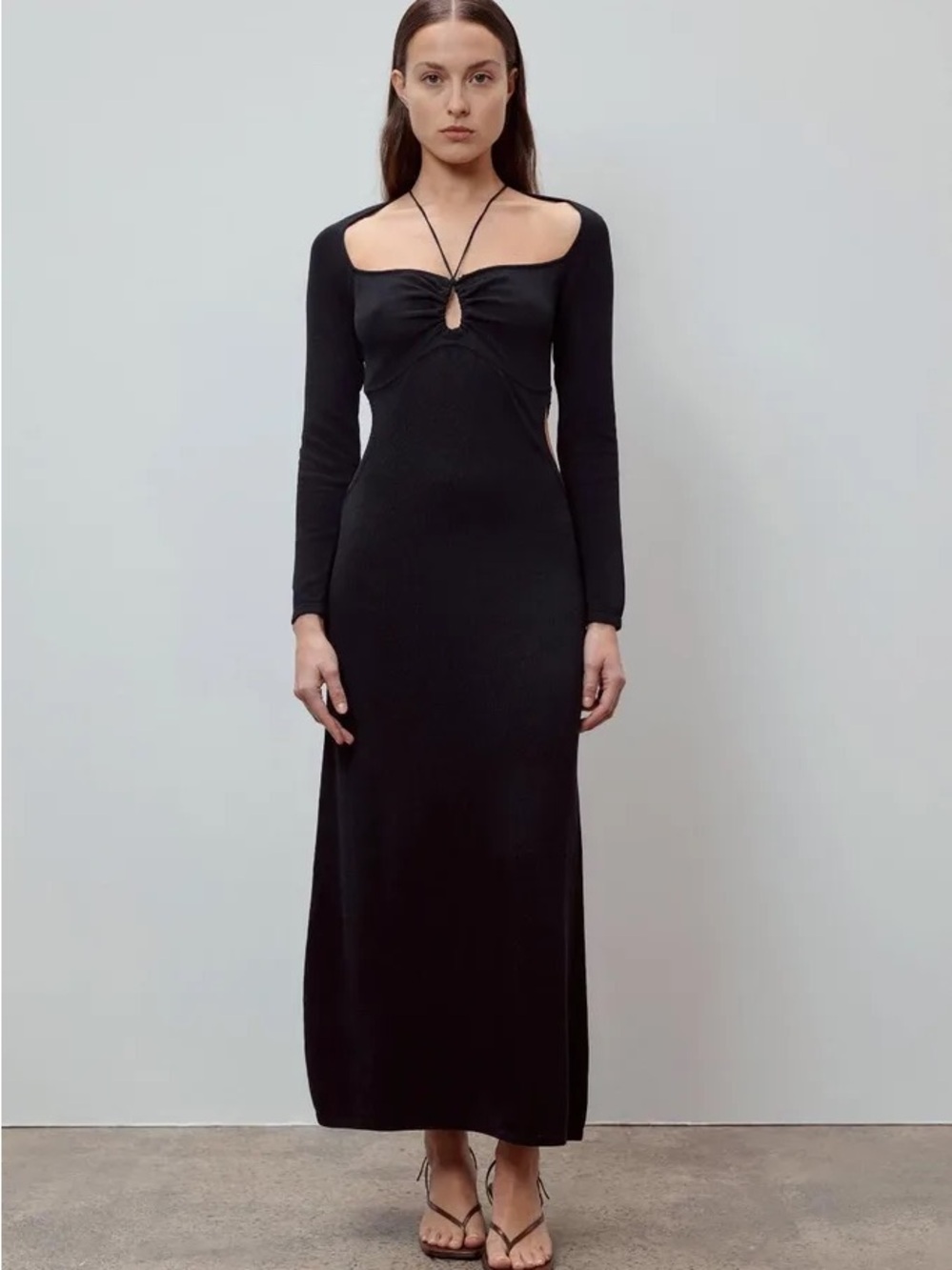 Long Sleeve Black Halter Midi Dress